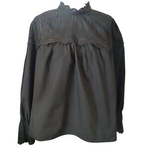 Gap Black Women's XL Dark Green Long Boho Eyelet Lace Blouse With High Neck